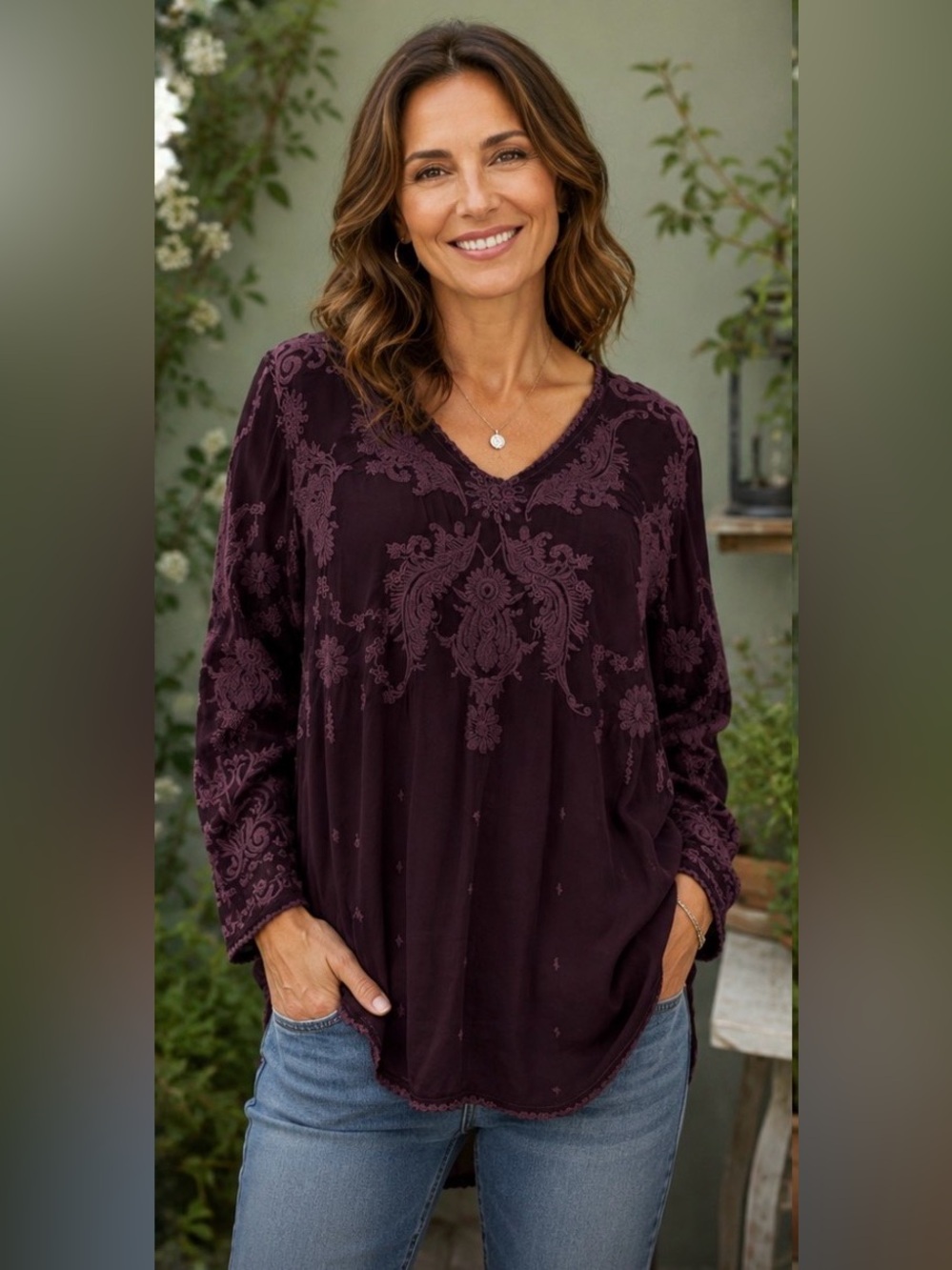 Johnny Was JWLA Purple VNeck Long Sleeved Embroidered Tunic Top